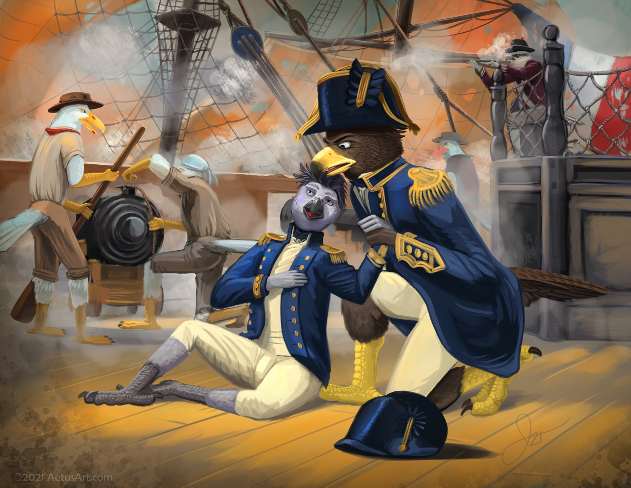 The deck of a naval ship during battle. Combatants are birds dressed in English 19th century naval uniforms and the captain, an anthropomorphic gray parrot, has taken a fatal hit. He is lying on the ground being comforted by his first officer who is a hawk.