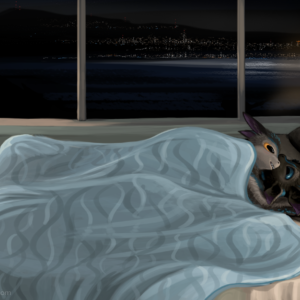 Two avali snuggled in bed together with nighttime cityscape in the background
