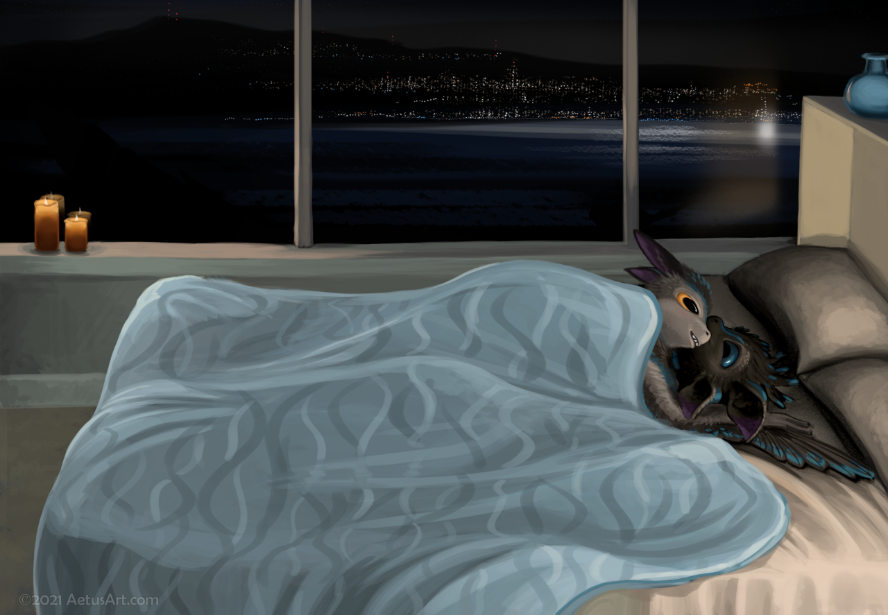Two avali snuggled in bed together with nighttime cityscape in the background