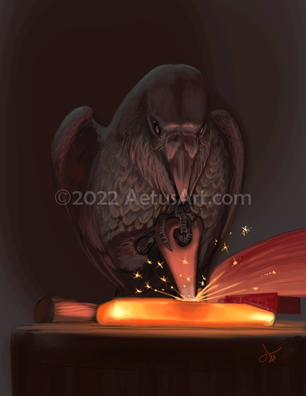 A raven holding a short hammer pounds on a glowing hot piece of steel.