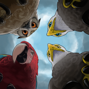 An owl, two eagles, and a red macaw all stare straight down at you in a tight circle with ominous clouds and sky above.