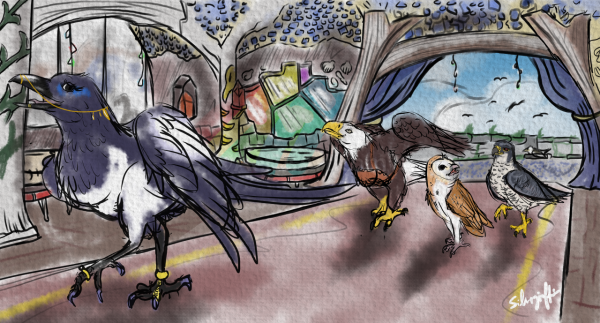 A black-billed magpie leads a bald eagle, a barn owl, and a peregrine falcon into a hotel lobby. They look happy and fascinated by the surroundings.