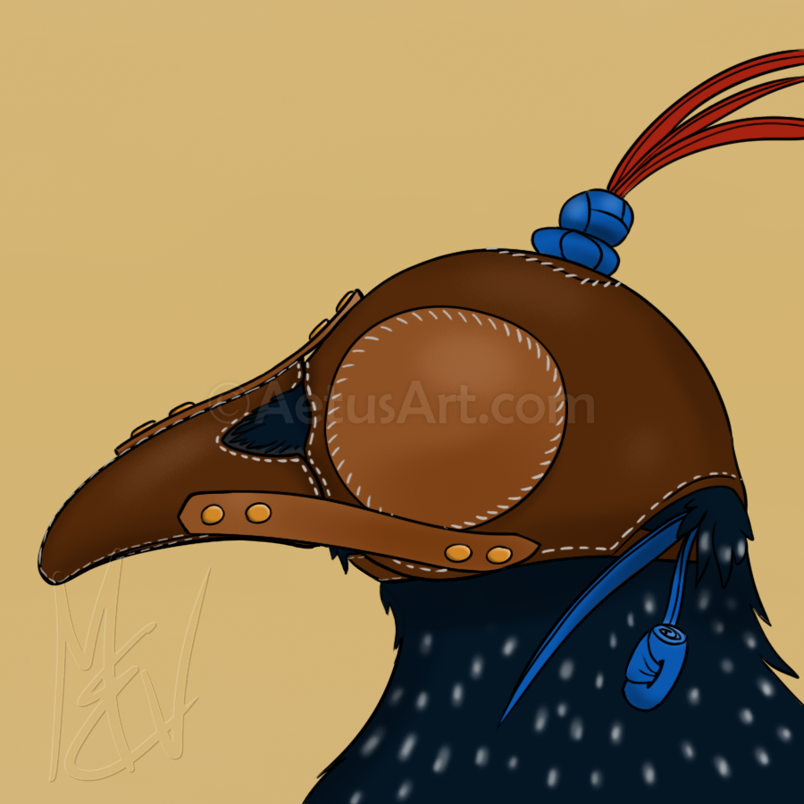 Close-up of the magpie's head wearing a brown leather falconry hood with red topknot and blue braces.