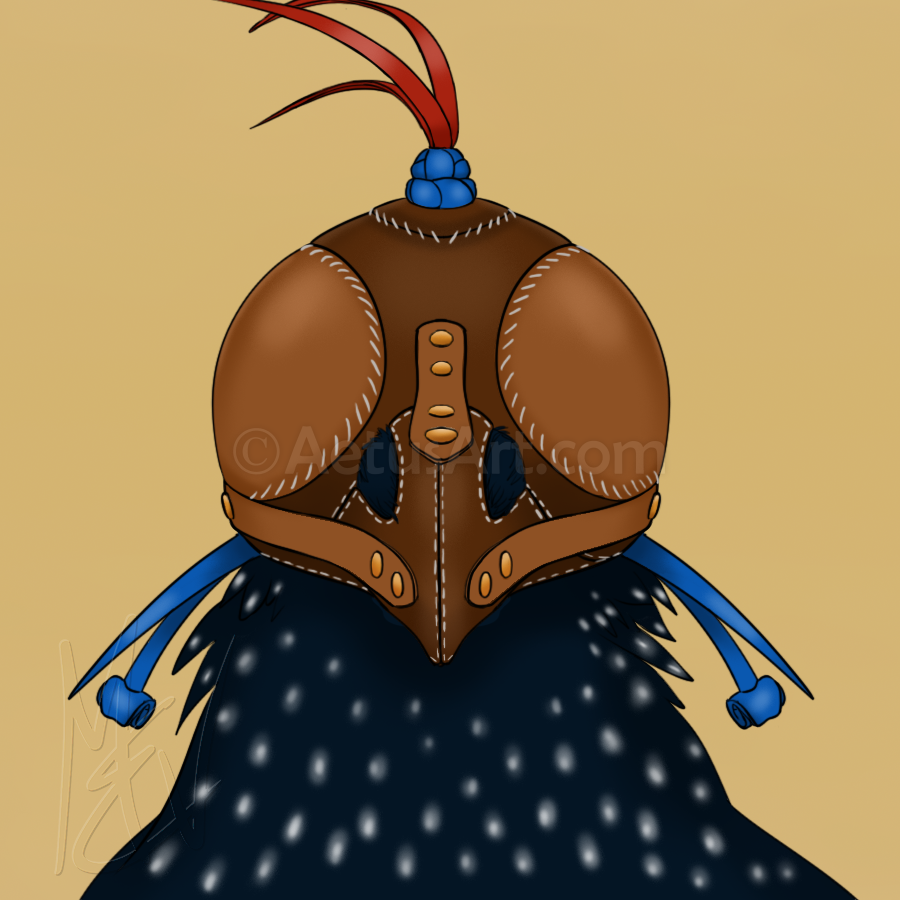 Close-up of the magpie's head wearing a brown leather falconry hood with red topknot and blue braces.